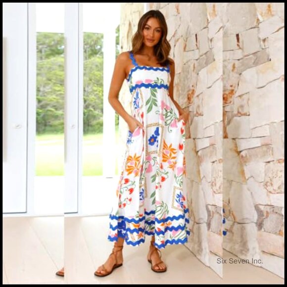 Summer Casual Maxi Dress Spaghetti Strap Smocked Back Floral Print - Picture 5 of 6